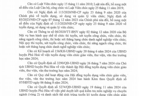 Thông báo kết quả kỳ tuyển dụng viên chức giáo viên, thư viện, văn thư trường học năm 2024 huyện Phú Hòa và thời gian hoàn thiện hồ sơ tuyển dụng